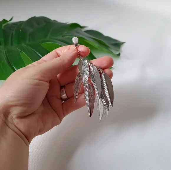 Clip On Leaf Feather Chandelier Earrings - Picture 3 of 6